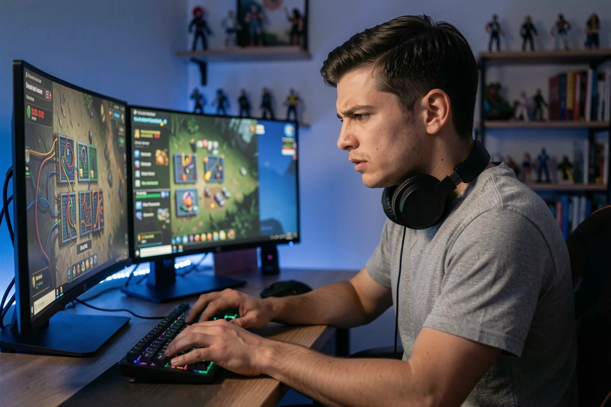 Joueur adulte concentré devant un écran de jeu de désamorçage de bombe en ligne avec minuterie visible