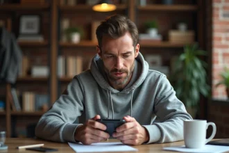 Joueur adulte concentré sur son smartphone jouant à Monopoly GO dans un bureau à domicile chaleureux en 2026