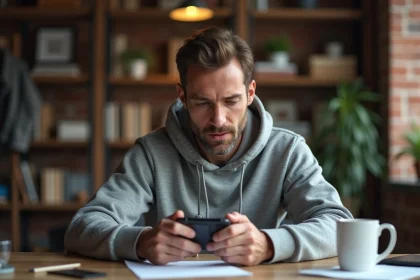 Joueur adulte concentré sur son smartphone jouant à Monopoly GO dans un bureau à domicile chaleureux en 2026