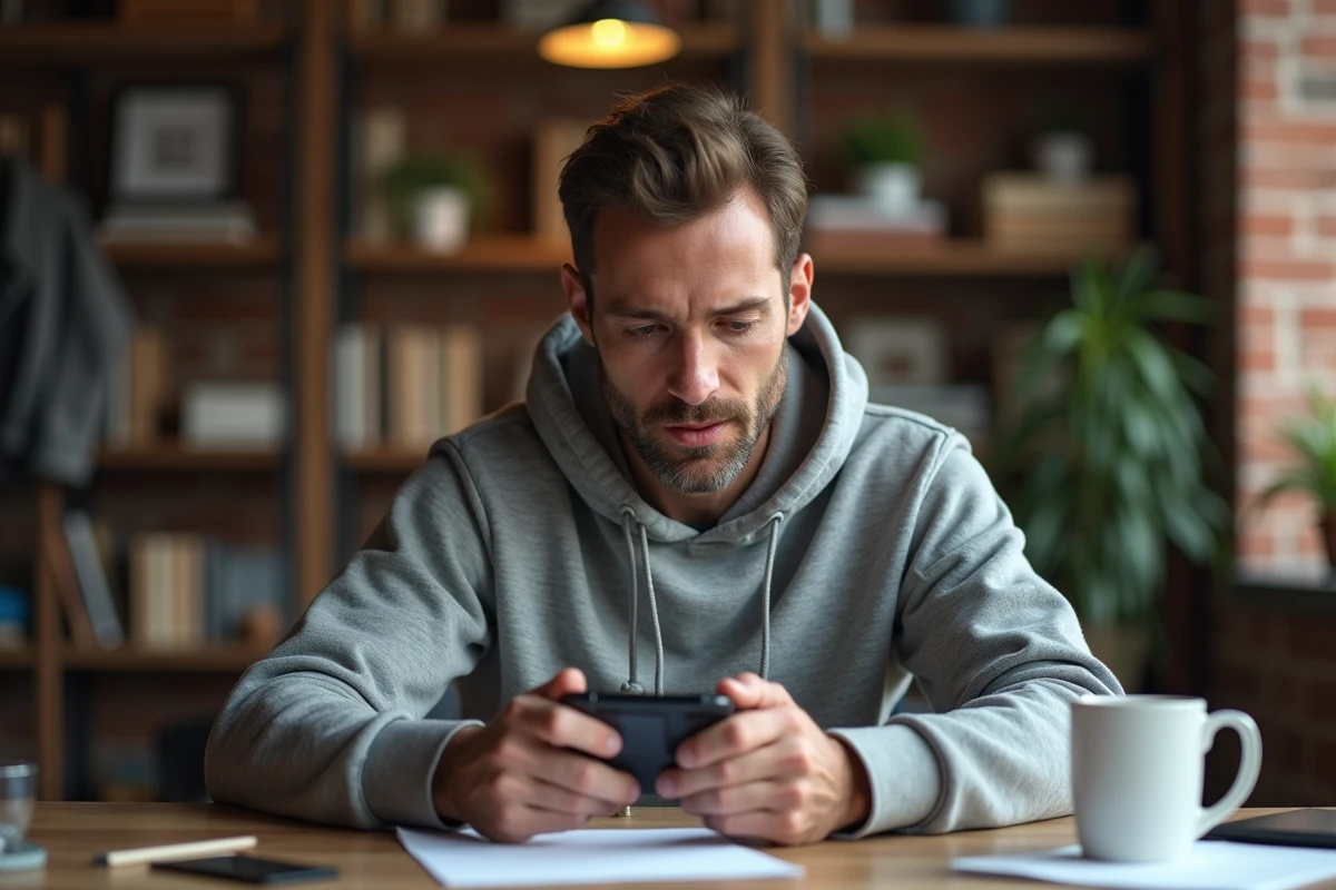 Joueur adulte concentré sur son smartphone jouant à Monopoly GO dans un bureau à domicile chaleureux en 2026