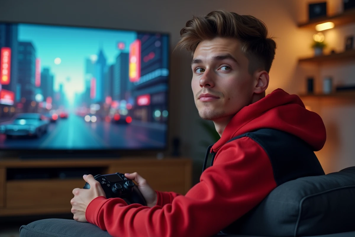 Jeune homme jouant à Spider-Man Miles Morales sur PS5 dans un salon moderne avec manette DualSense