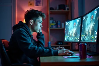 Jeune homme jouant à un jeu de stratégie en ligne sur PC avec des pop-ups d'achats intégrés visibles à l'écran