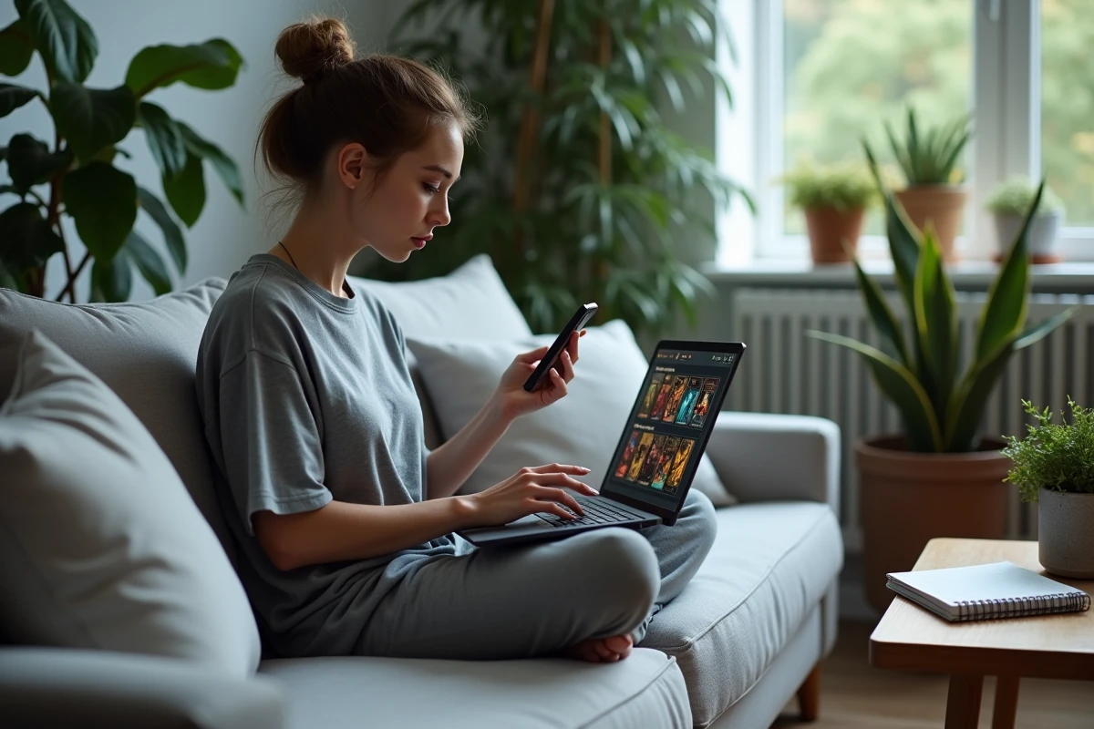 Joueuse analysant les options de métier dans Dofus sur son ordinateur portable depuis son salon