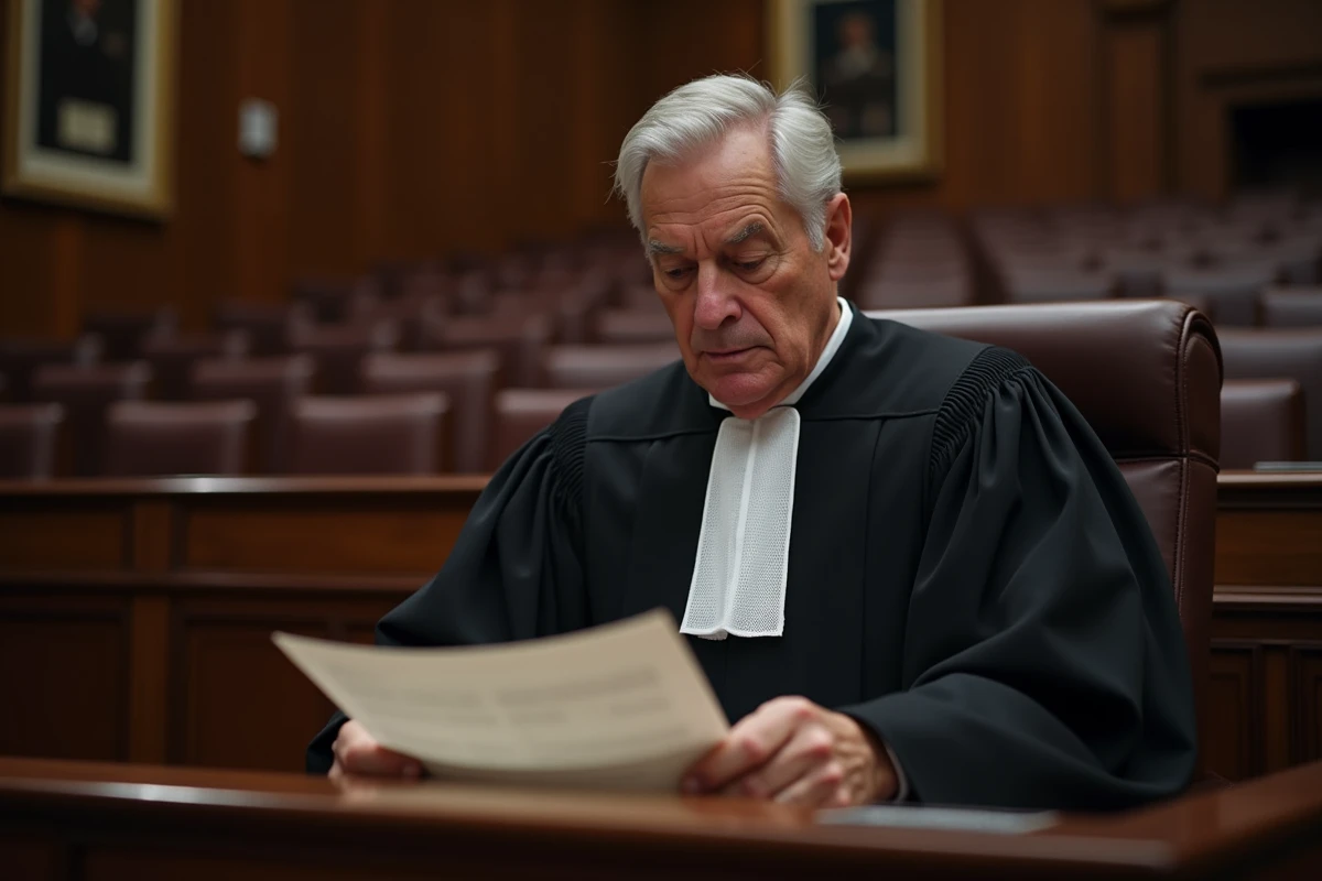 Juge en robe noire examinant un dossier juridique dans une salle d'audience, symbolisant la décision de débouter une demande