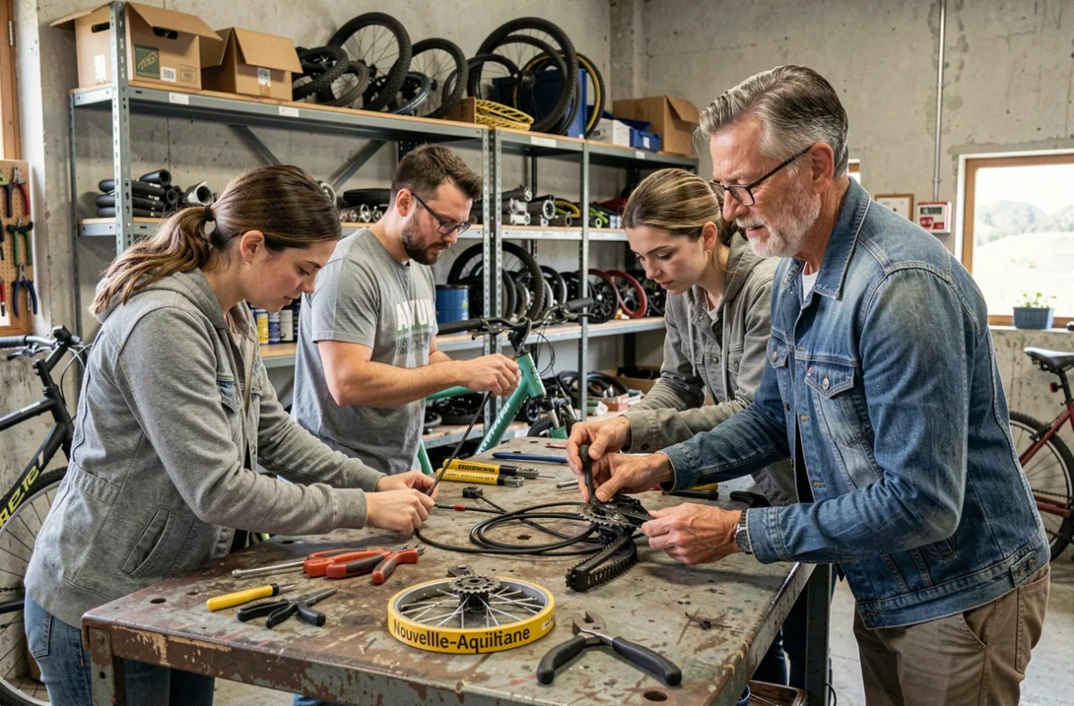Groupe de personnes apprenant la réparation vélo ensemble dans un atelier communautaire en Nouvelle-Aquitaine