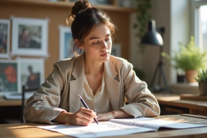 Jeune femme créative rédigeant une lettre de motivation artistique à son bureau avec portfolio et croquis