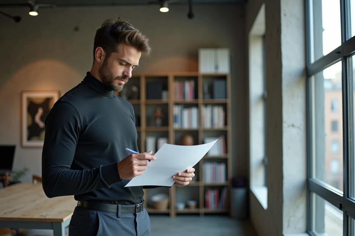 Homme créatif relisant sa lettre de motivation pour un poste artistique dans un espace de coworking moderne