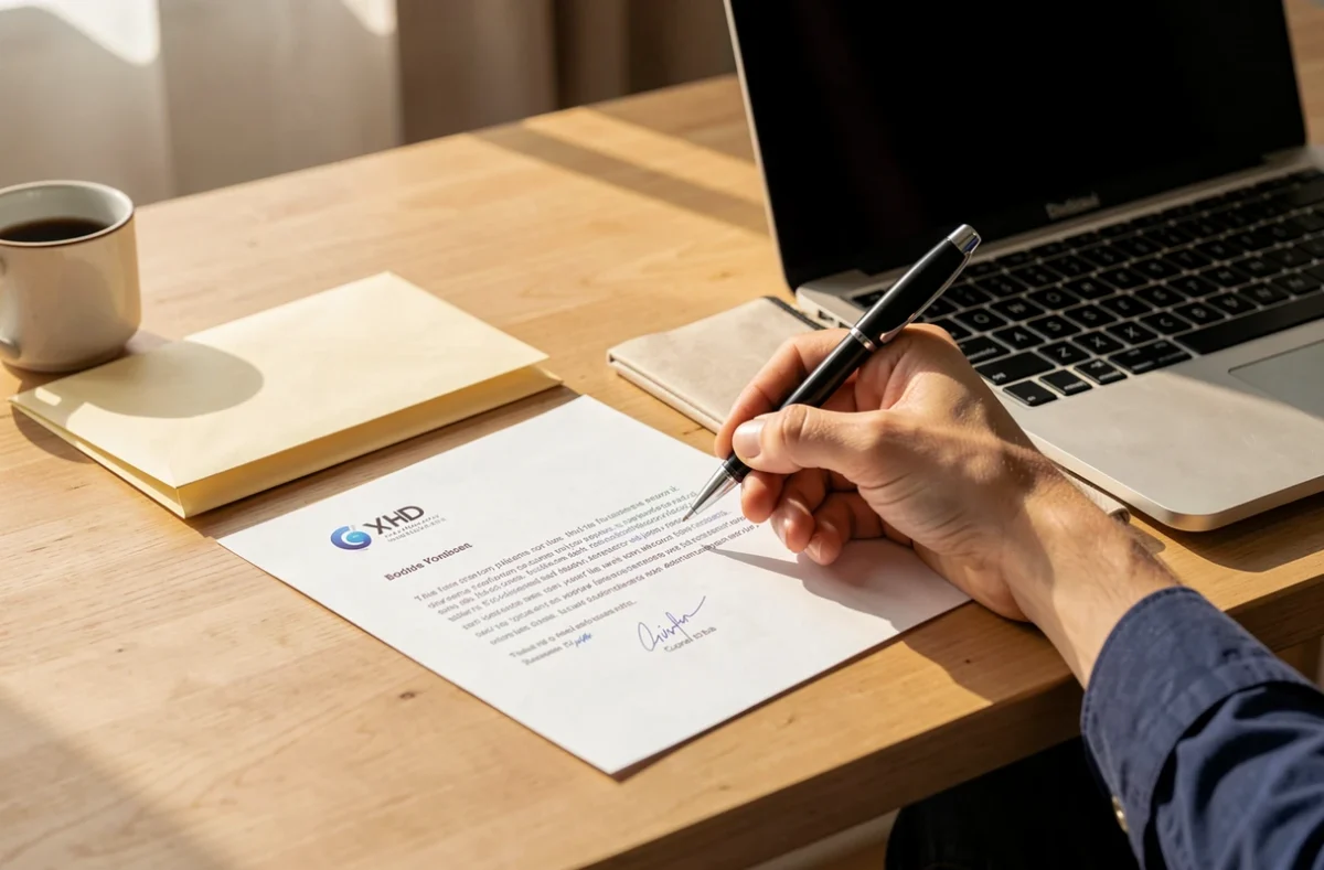 Main signant une lettre de résiliation à côté d'un ordinateur