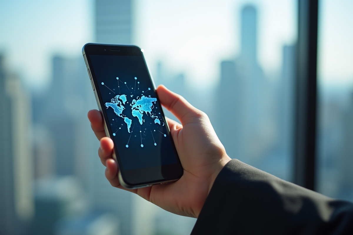 Main tenant un smartphone avec carte digitale et points de connexion