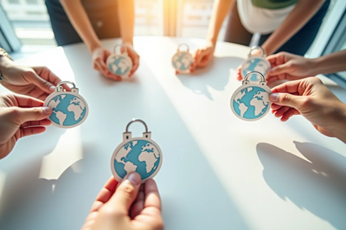 Plusieurs mains tenant des découpes de cadenas et de globes terrestres sur une table claire
