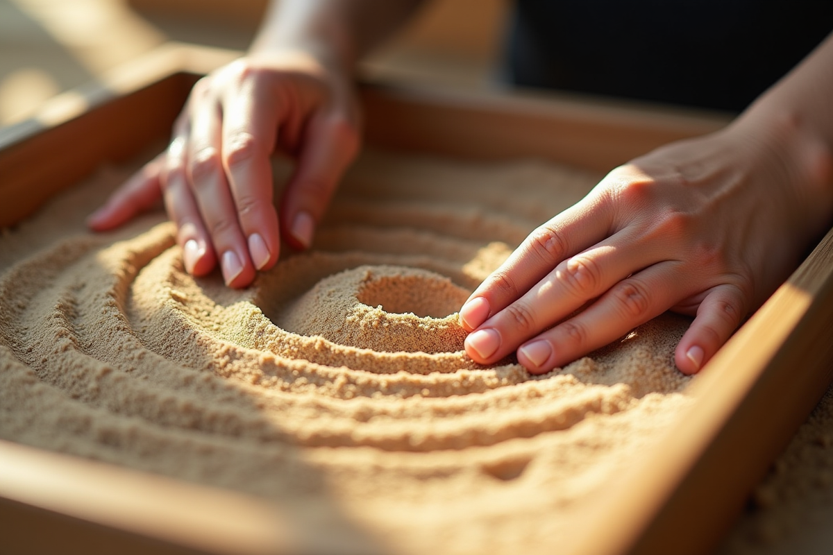 Mains créant des formes dans un plateau de sable fin