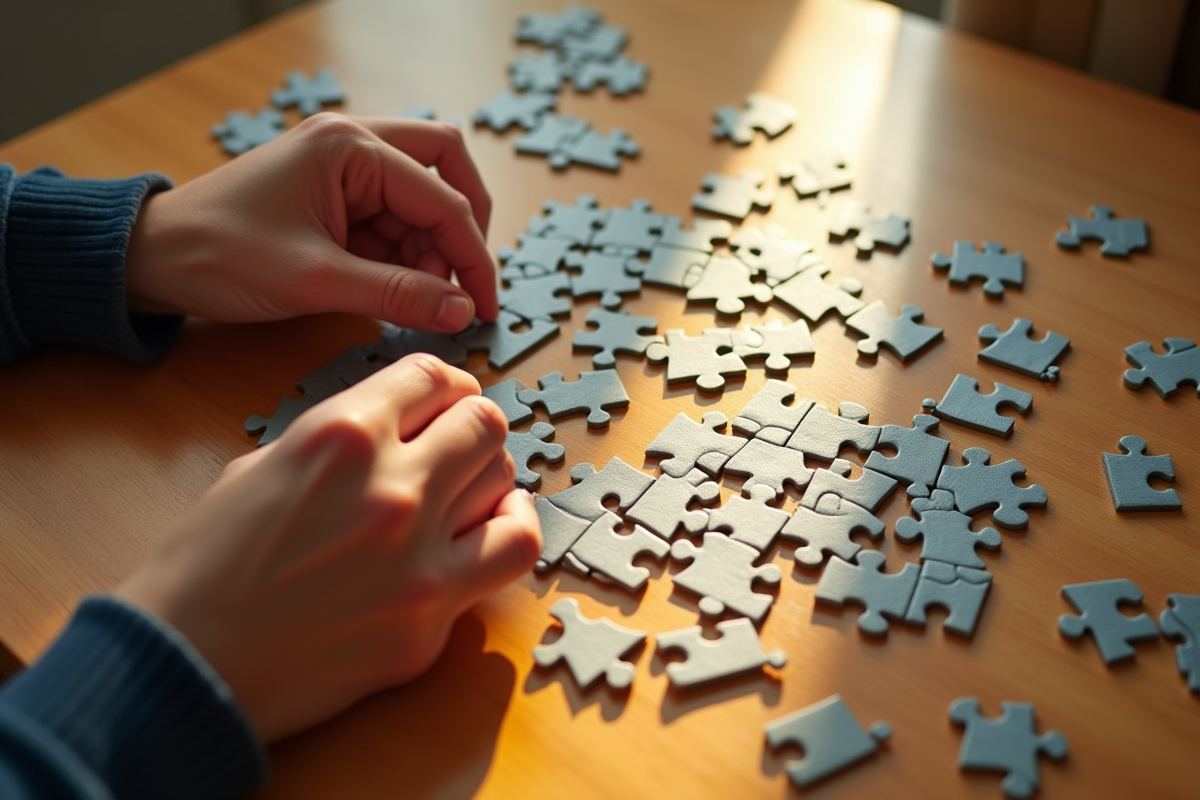 Mains assemblant un puzzle sur une table en bois en plein jour