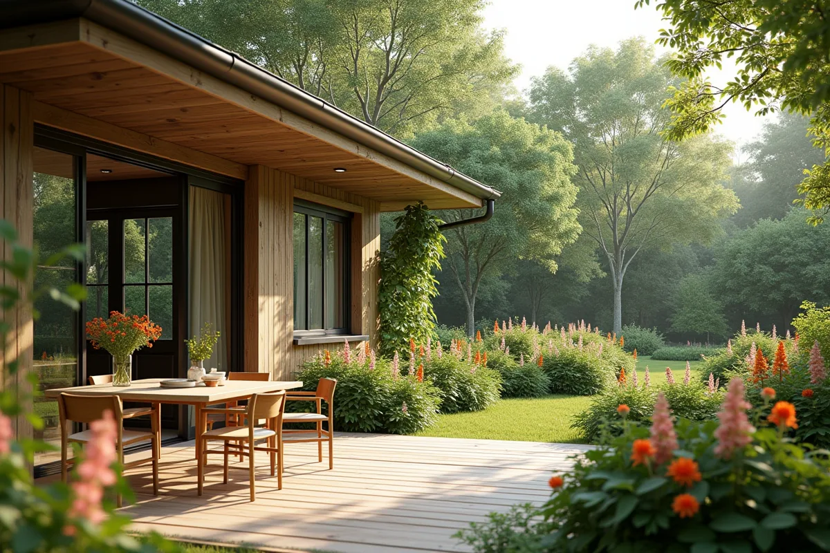 Maison de campagne moderne avec jardin verdoyant et terrasse
