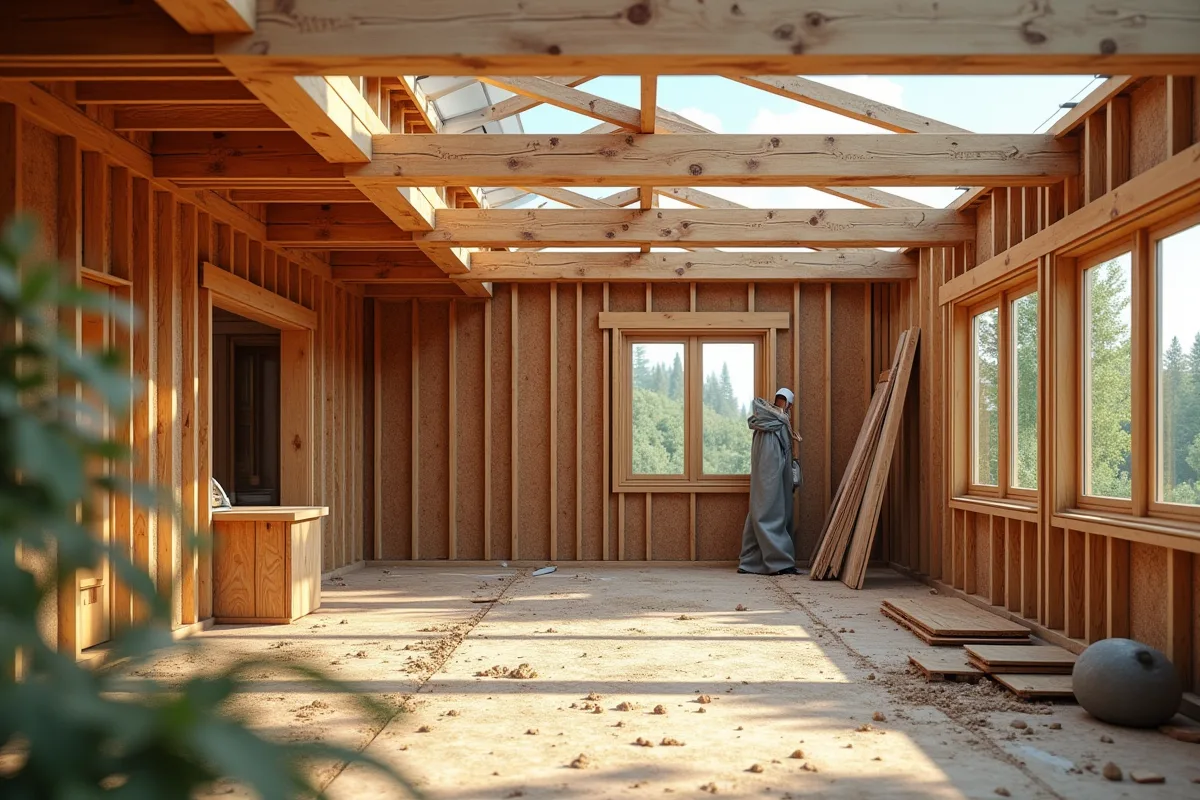 Maison écologique en rénovation avec poutres en bois et panneaux solaires