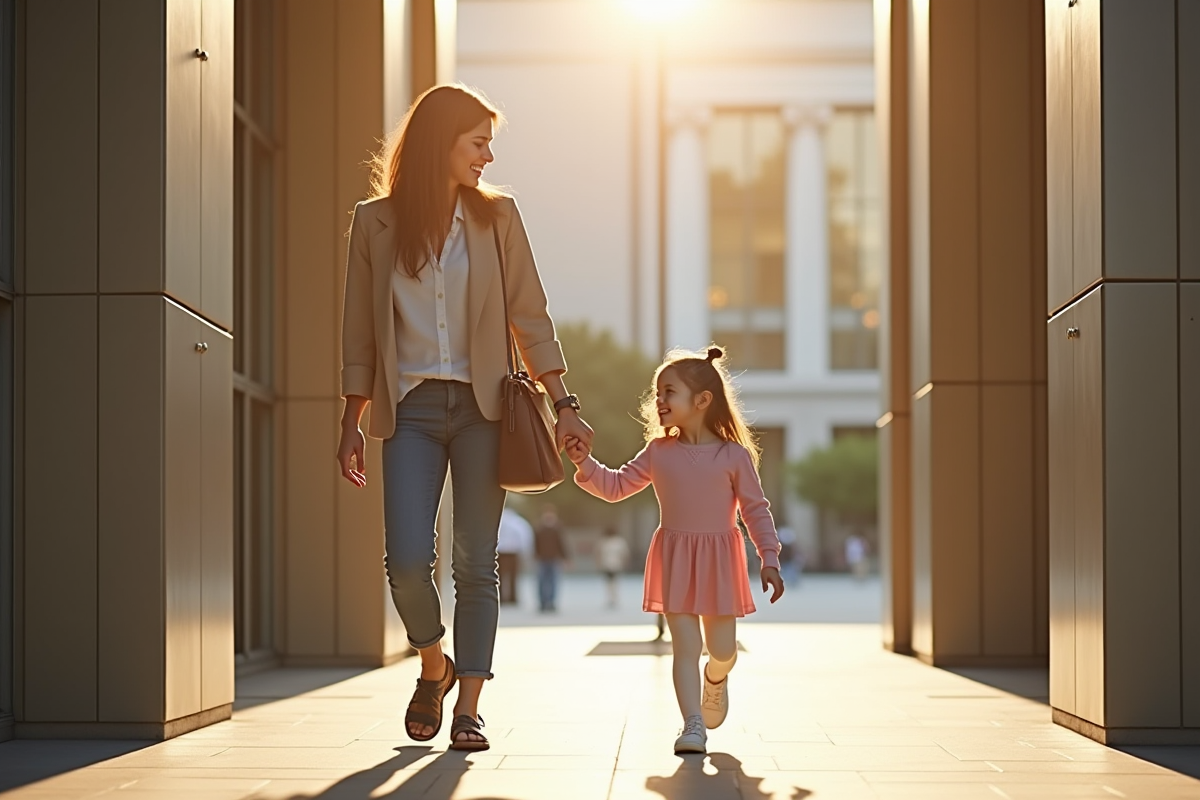 Mère et fille souriantes entrent dans un bâtiment moderne