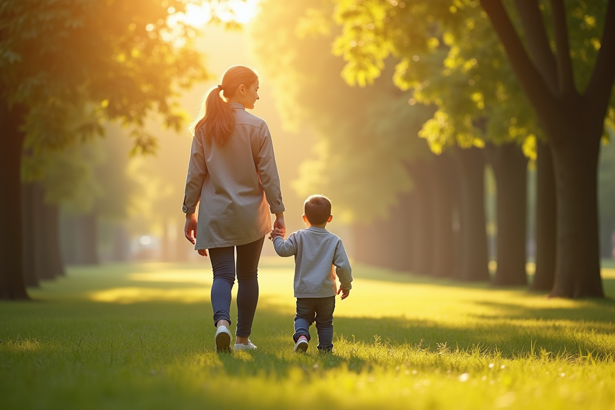 Mère et fils se tenant la main dans un parc ensoleille