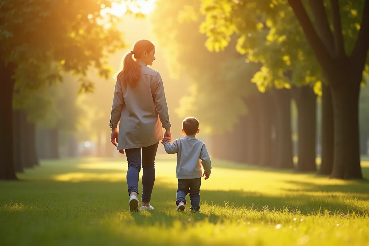 Mère et fils se tenant la main dans un parc ensoleille