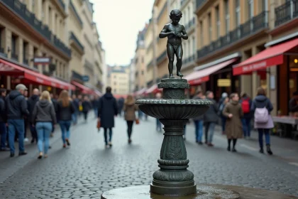 Statue du Manneken Pis à Bruxelles entourée de touristes sur les pavés du centre historique