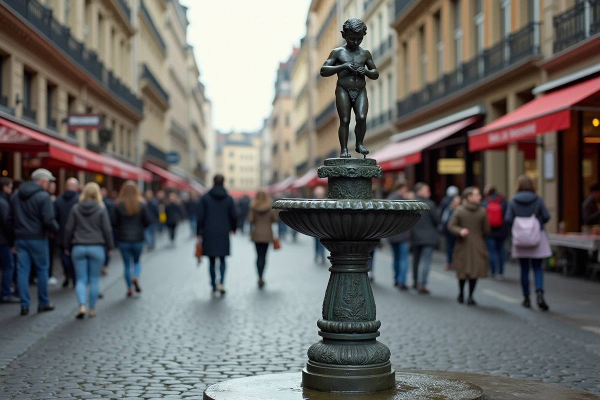 Statue du Manneken Pis à Bruxelles entourée de touristes sur les pavés du centre historique