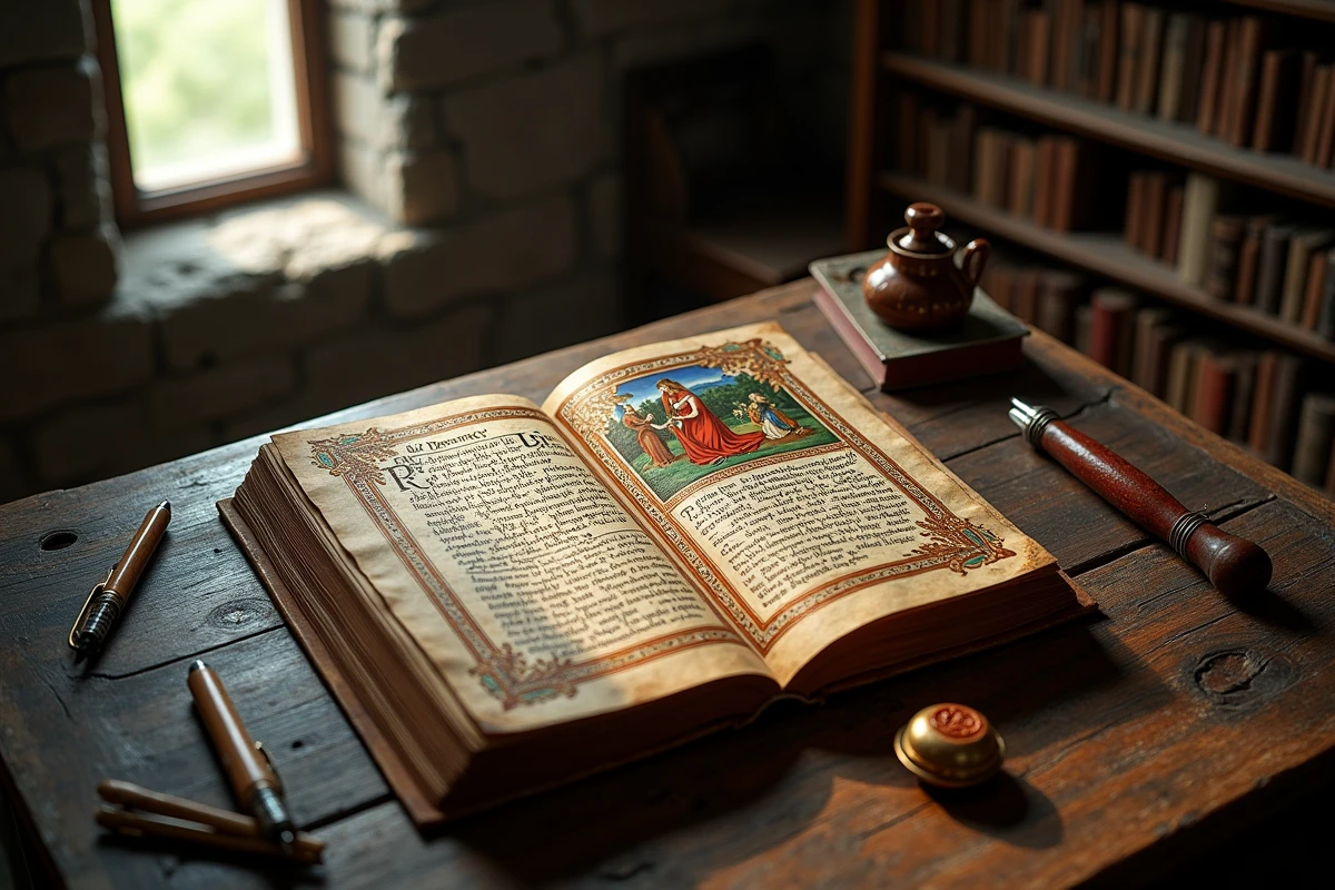 Manuscrit enluminé médiéval ouvert sur un bureau en bois avec calligraphie et illustrations d'amour courtois