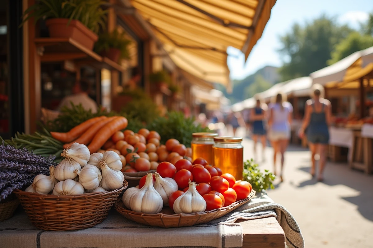 Étal de marché coloré à Le Barcarès avec produits locaux provençaux, ail, tomates, miel et lavande sur nappe traditionnelle