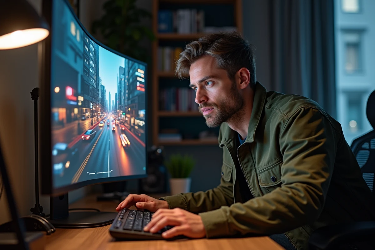 Homme utilisant le mode photo du jeu Spider-Man Miles Morales sur un écran PC dans un bureau à domicile
