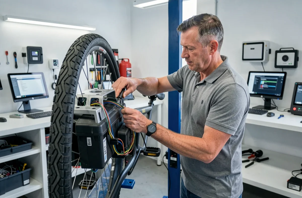 Technicien connectant le câblage électrique d'un vélo à assistance électrique dans un centre de service VAE à Bordeaux