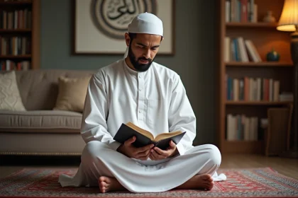 Musulman lisant le Quran dans un cadre paisible