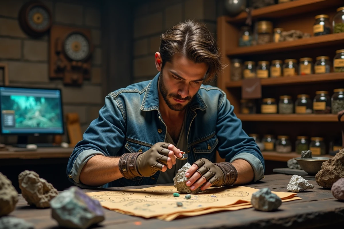 Joueur analysant des minerais et des ressources pour optimiser la progression du métier Mineur dans Dofus 3