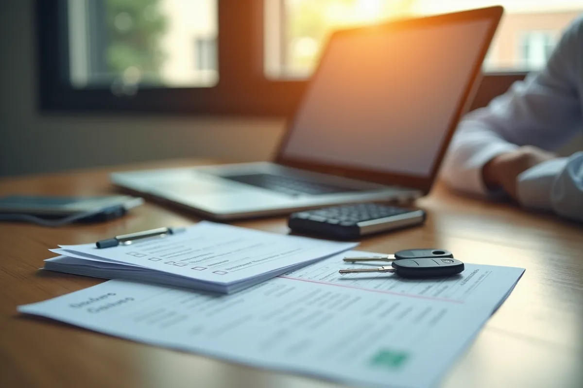 Ordinateur portable avec liste de contrôle et documents de voiture