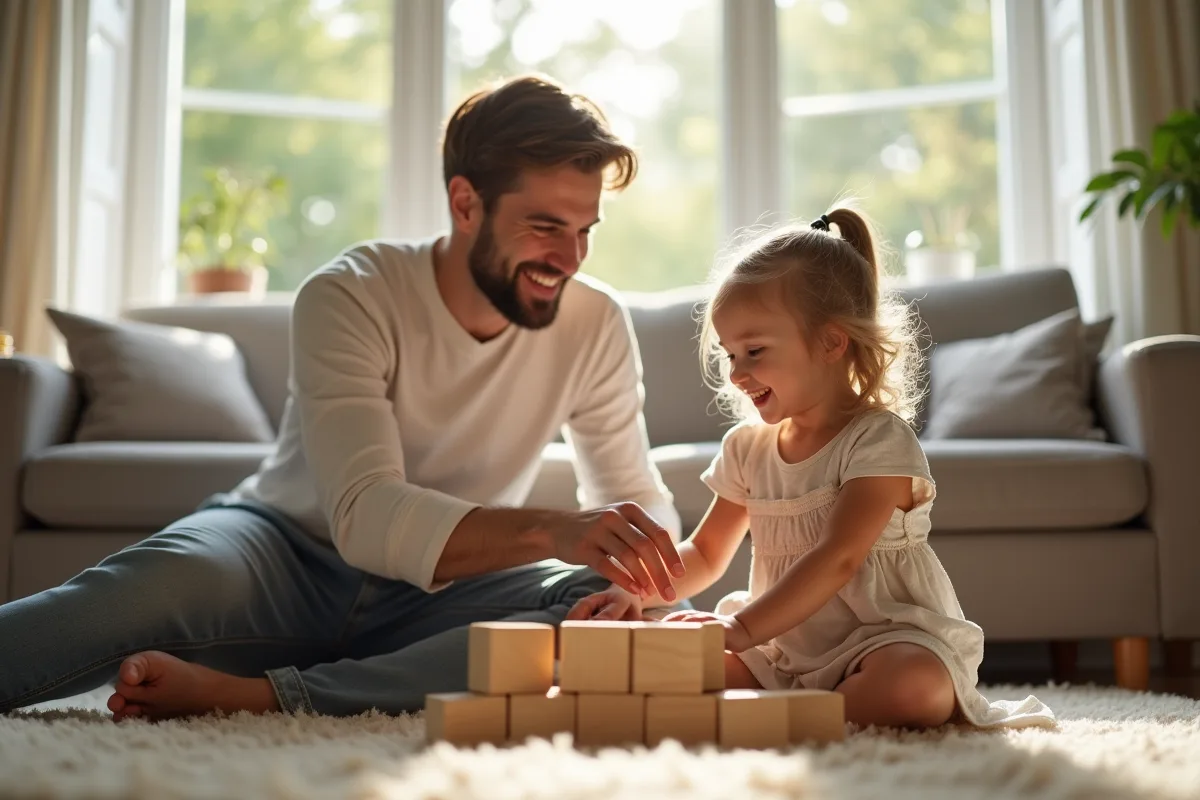 Père et fille jouant avec des blocs en bois dans le salon