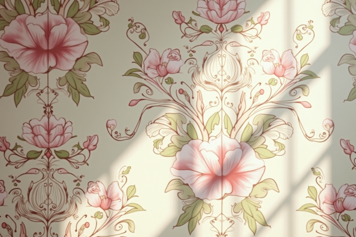 Papier peint Art Nouveau avec motifs floraux pastel et détails fins
