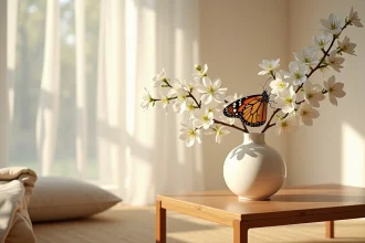 Papillon monarque posé sur des fleurs de cerisier blanches dans un vase en céramique, décoration feng shui épurée sur console en bois naturel