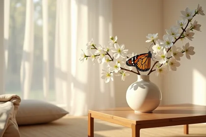 Papillon monarque posé sur des fleurs de cerisier blanches dans un vase en céramique, décoration feng shui épurée sur console en bois naturel