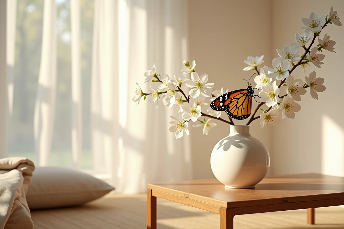 Papillon monarque posé sur des fleurs de cerisier blanches dans un vase en céramique, décoration feng shui épurée sur console en bois naturel
