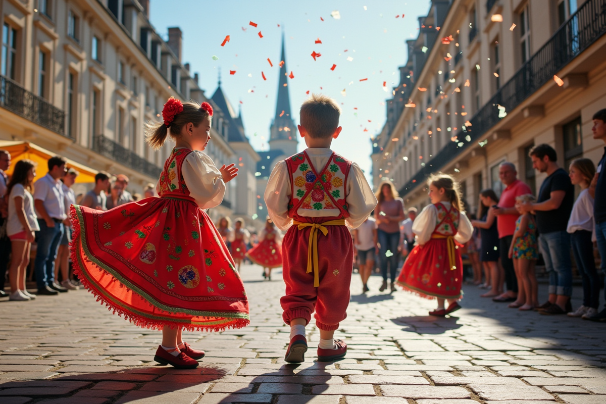 Enfants et adultes regardant une parade folklorique en France