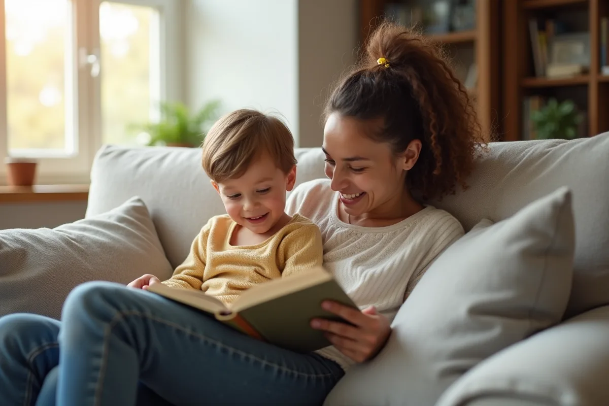 Parent et enfant lisant un livre dans un salon chaleureux