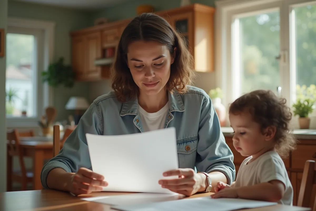 Parent seul à la maison consulte des papiers à la cuisine
