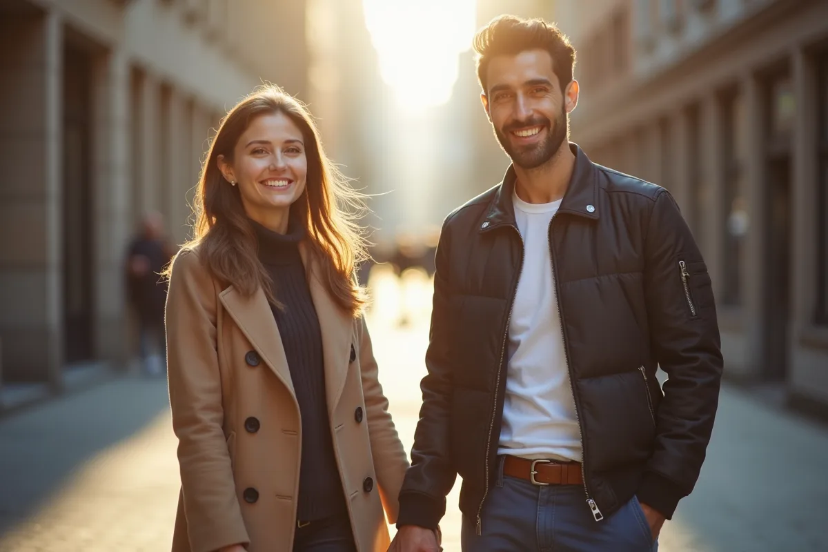 Homme et femme souriants en partenariat en extérieur
