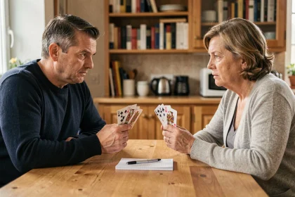 Deux joueurs adultes disputent une partie de belote à deux autour d'une table en bois avec des cartes françaises et un bloc-notes de score