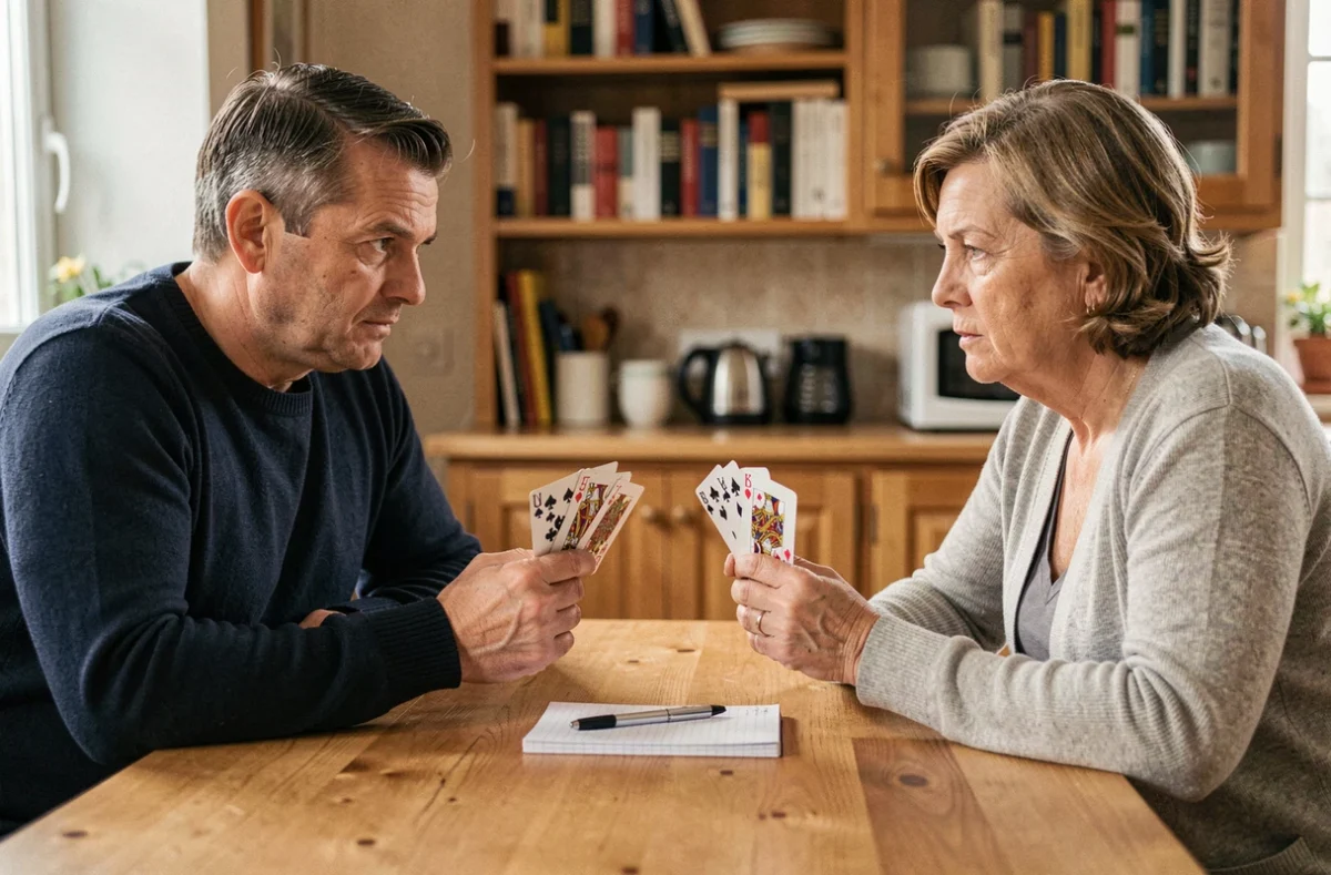 Deux joueurs adultes disputent une partie de belote à deux autour d'une table en bois avec des cartes françaises et un bloc-notes de score