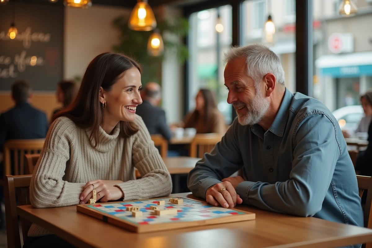 Deux adultes jouant une partie de Scrabble dans un café, concentrés sur leurs lettres autour d'un plateau de jeu en bois