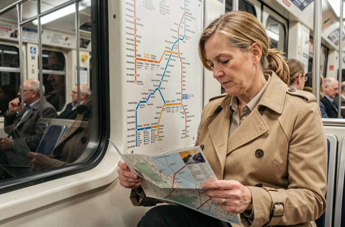 Passagère consultant le plan de la ligne 6 dans une rame de métro parisienne