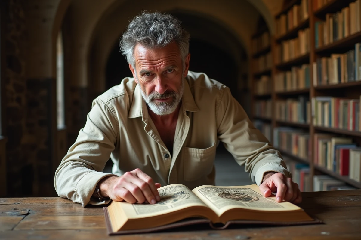 Passionné d'histoire étudiant un livre sur les symboles templiers dans une bibliothèque ancienne à voûtes de pierre