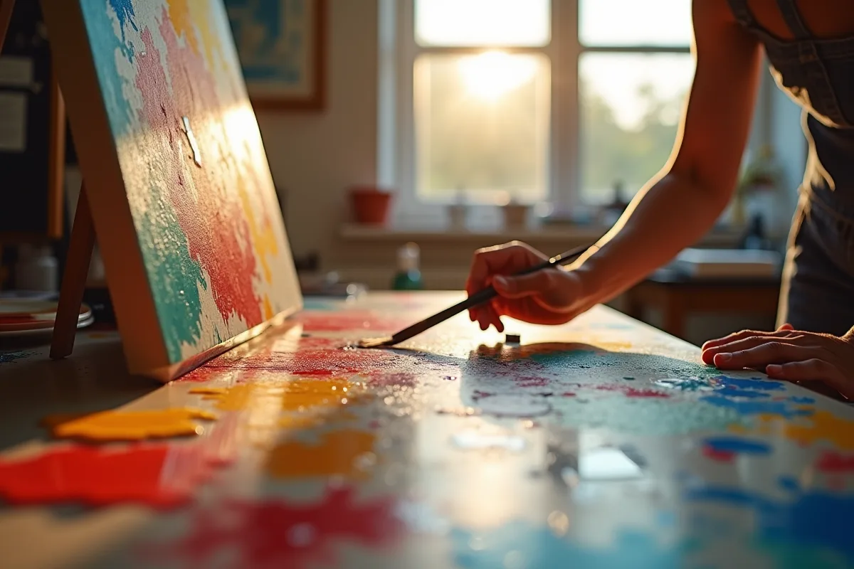 Main d'artiste peignant une toile abstraite en studio lumineux