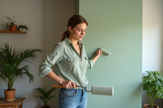 Femme peignant un mur vert naturel dans un salon écologique