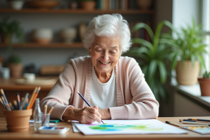 Femme âgée peignant à l'aquarelle dans une cuisine chaleureuse