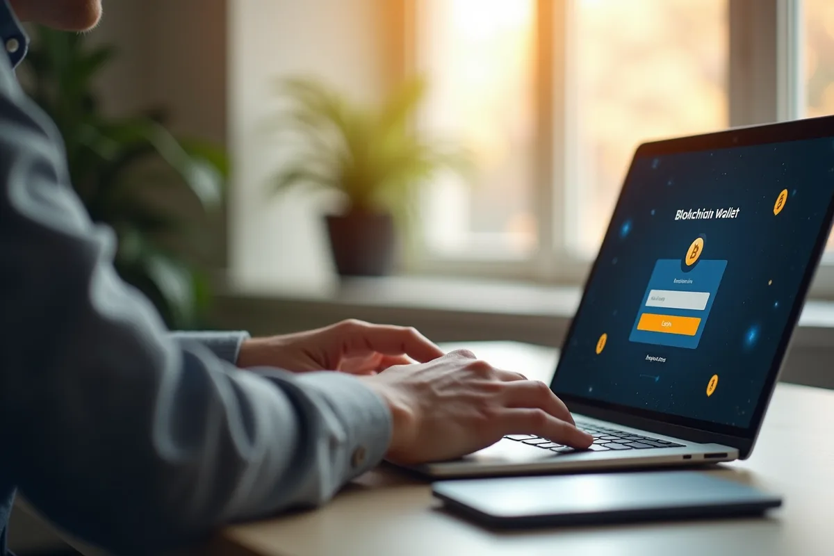 Personne travaillant sur un ordinateur portable avec un portefeuille blockchain