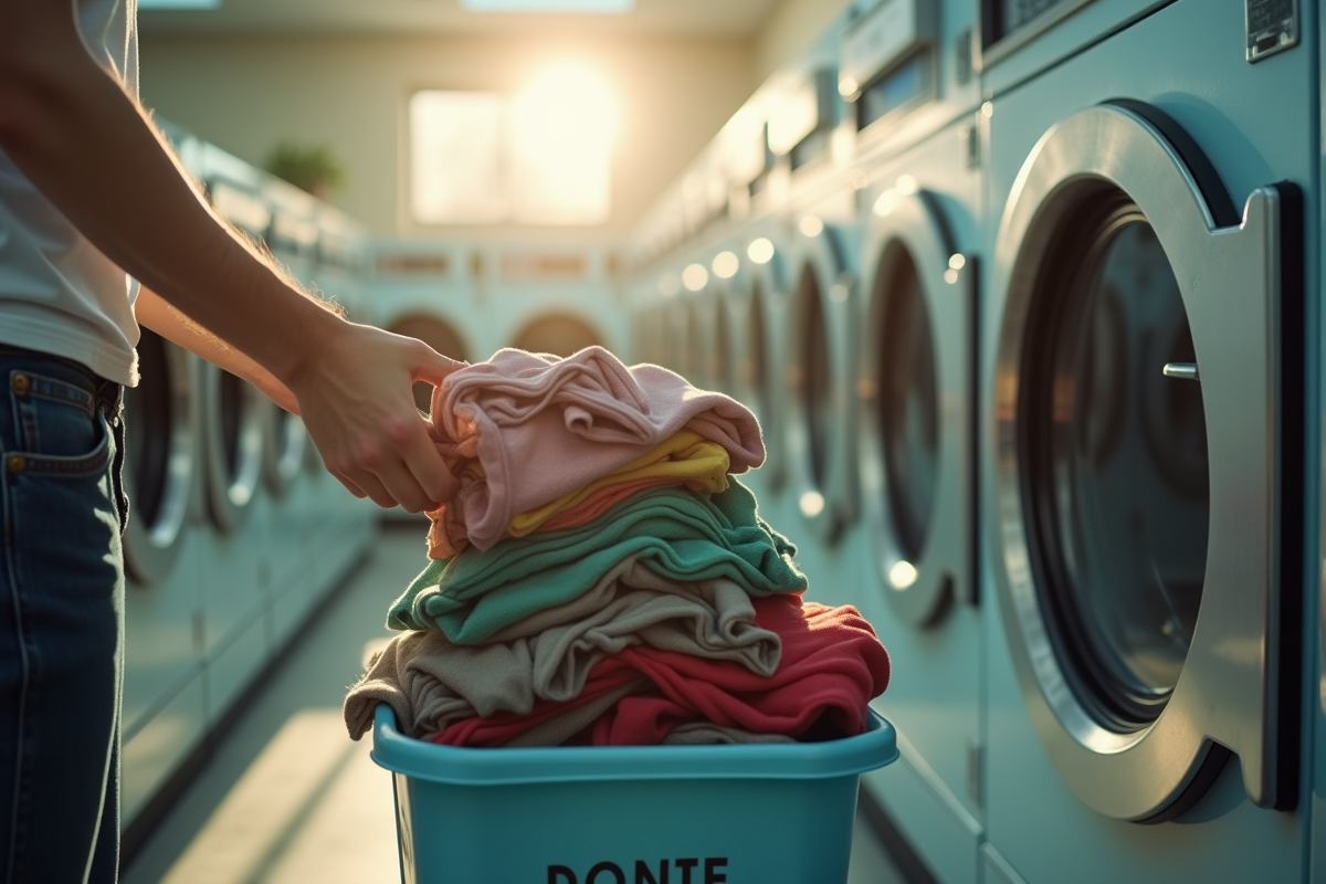 Personne déposant des vêtements usés dans une borne de don