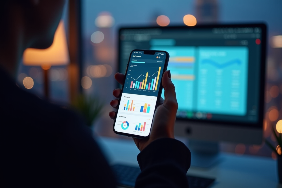 Personne tenant un smartphone affichant un tableau de bord marketing